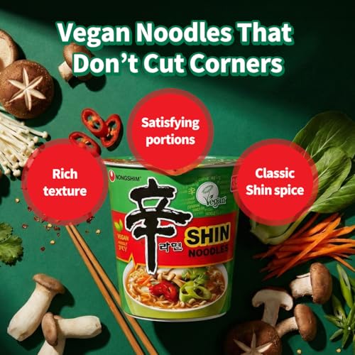 Image of Nongshim Shin Ramyun Vegan Noodles Cup, Spicy Vegan Korean Instant Ramyun, Bold Veggie Flavored Broth, Microwaveable, Quick & Easy, Pantry Essential, 2.64 oz (Pack of 6)