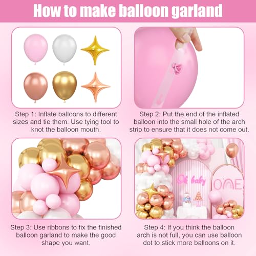 Image of Pink White Balloon Arch Kit, Pink Gold Garland with Rose Gold Star Balloons | for Birthday Baby Shower Bridal Shower Wedding Engagement Anniversary Princess Party Backdrop Decor