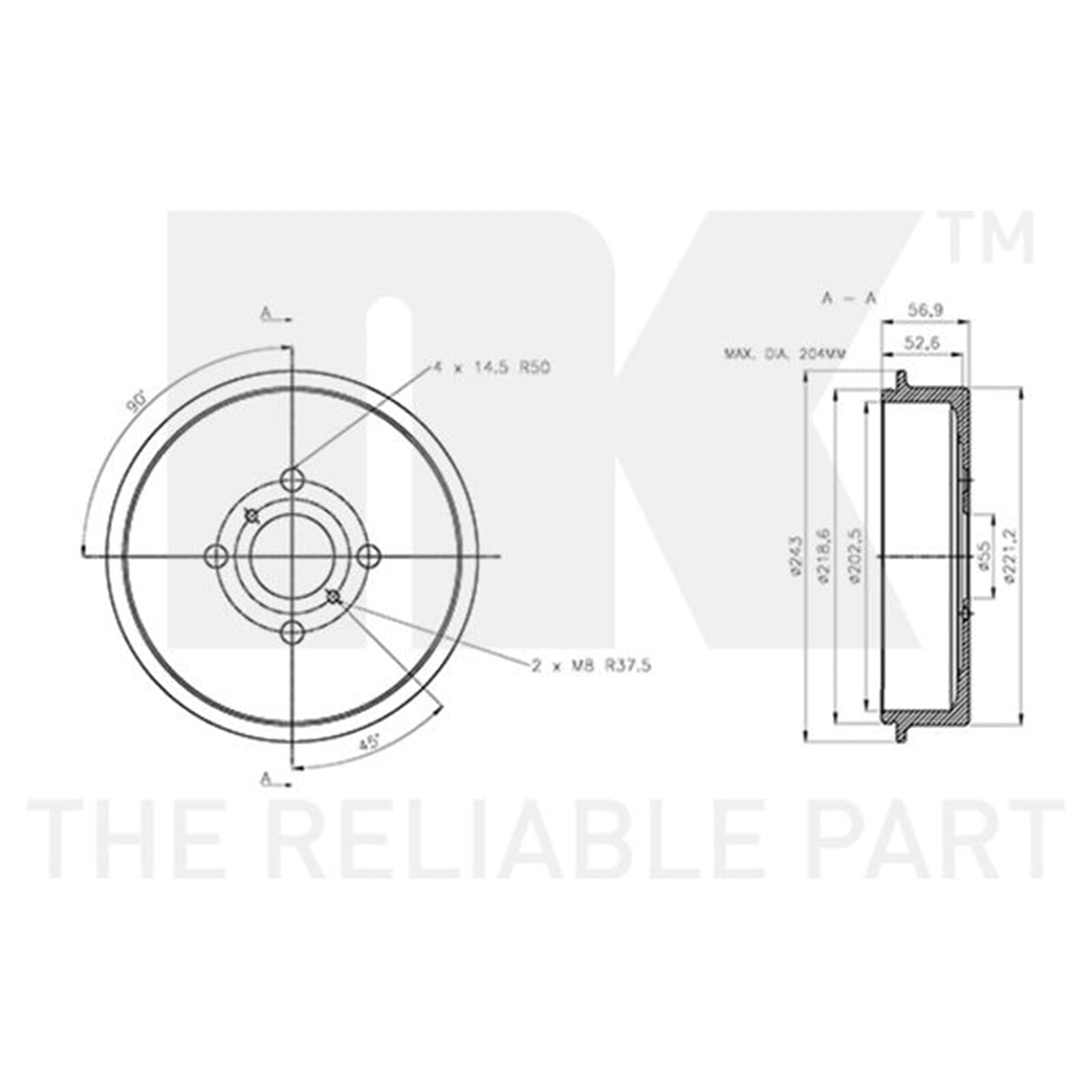2x NK Ø 203mm Bremstrommeln hinten | 2x 254538 Kompatibel mit Charade Viii,yaris (_P13_),Yaris (_P9_),Yaris Kasten/schrägheck (_P13_)