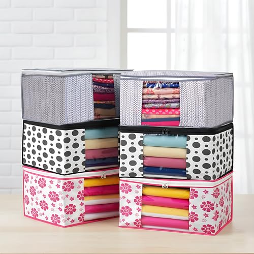 Image of Non-Woven Storage Bags for Clothes, Sarees & Blankets | Foldable Wardrobe Organizer | Set of 6 (Black & YellowPattern)