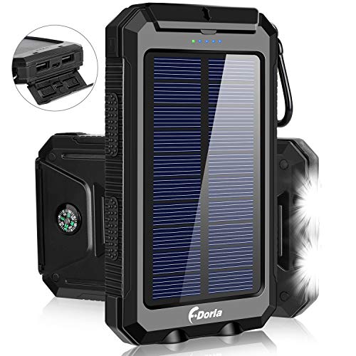 Solar Charger,F.DORLA 20000mAh Portable Outdoor Waterproof Mobile Power Bank,Camping External Backup Battery Pack Dual USB 5V 1A/2A Output 2 Led Light Flashlight with Compass for Tablet iPhone Android