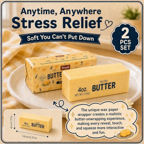 Image of 2PCS Butter Squishy - Slow Rising Butter Squishy Toy, Realistic Food Fidget Toys for Adults, Soft PU Material, Sensory Anxiety Relief & Focus Aid, Portable 5.5 Inch Squishy Butter for Office & Home