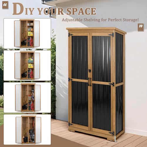 Image of Outdoor Storage Cabinet, Wood & Metal Storage Shed with Weather-Resistant Roof, Removable Shelves, Lockable Doors, Outside Storage Tool Organizer for Garden, Patio, Backyard, Garage, Pool