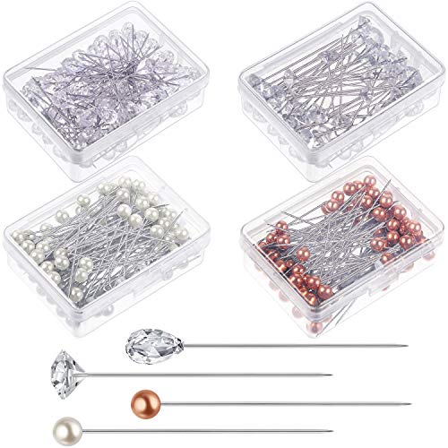 400 Pieces Pearl Head Pins Faux Pearl Rhinestone Head Pins Corsage Pins Straight Head Pins Flower Floral Pins for Sewing Craft Flower Banquet Wedding Party Decorations, 4 Styles