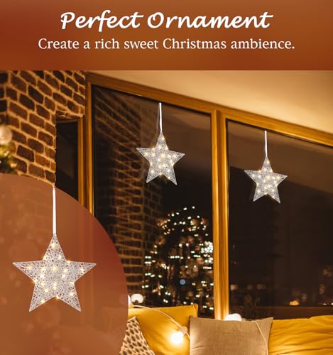 Lewondr Hanging Light Star Shape, Lighted for Christmas Decorative Hanging Ornament, Battery Operated Iron Wire LED Decor Light for Xmas Holiday Room Home Party, Timer Function, Silver