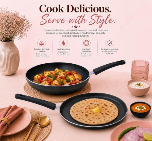 Image of BALTRA Premium Gourmet Non-Stick Cookware 2 Pcs Set | Dosa Tawa and Fry Pan | 100% PFOA Free Coating | Easy Clean, Induction Bottom Non-Stick Coated Set