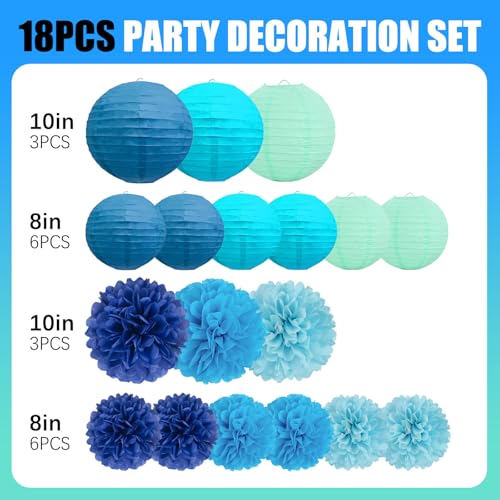 Image of 18 PCS Blue Paper Lanterns & Tissue Paper Pom Poms for Boys Birthday, Baby Shower, Wedding, Bridal Shower, Hanging Paper Decor for Indoor Outdoor Events Theme Party Supplies
