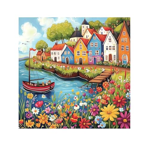 Image of QENSPE Diamond Painting Landscape Art Kits for Adults, DIY Full Drill Diamond Art Kit for Beginners, 5D Colorful Houses Round Diamond Dots Paintings Gem Art Crafts Home Wall Decor Gifts 30x30cm