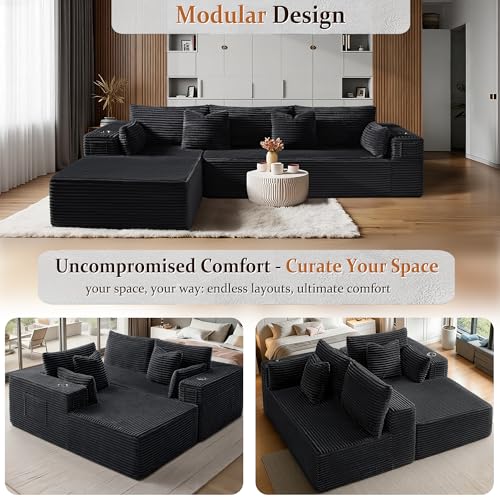 Image of 108 inch Oversized Cloud Sectional Couch, Comfort U Shaped Sofa for Living Room, Extra Deep Seats No Assembly, Minimalist Modular Couch, Corduroy (Black, 2 Seater+Left Facing Chaise)