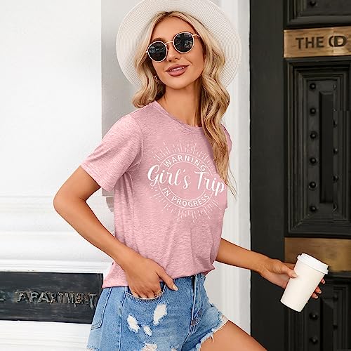 Image of Women's Casual Warning Girls Trip in Progress T-Shirt Casual Crewneck Short Sleeve Graphic Tee