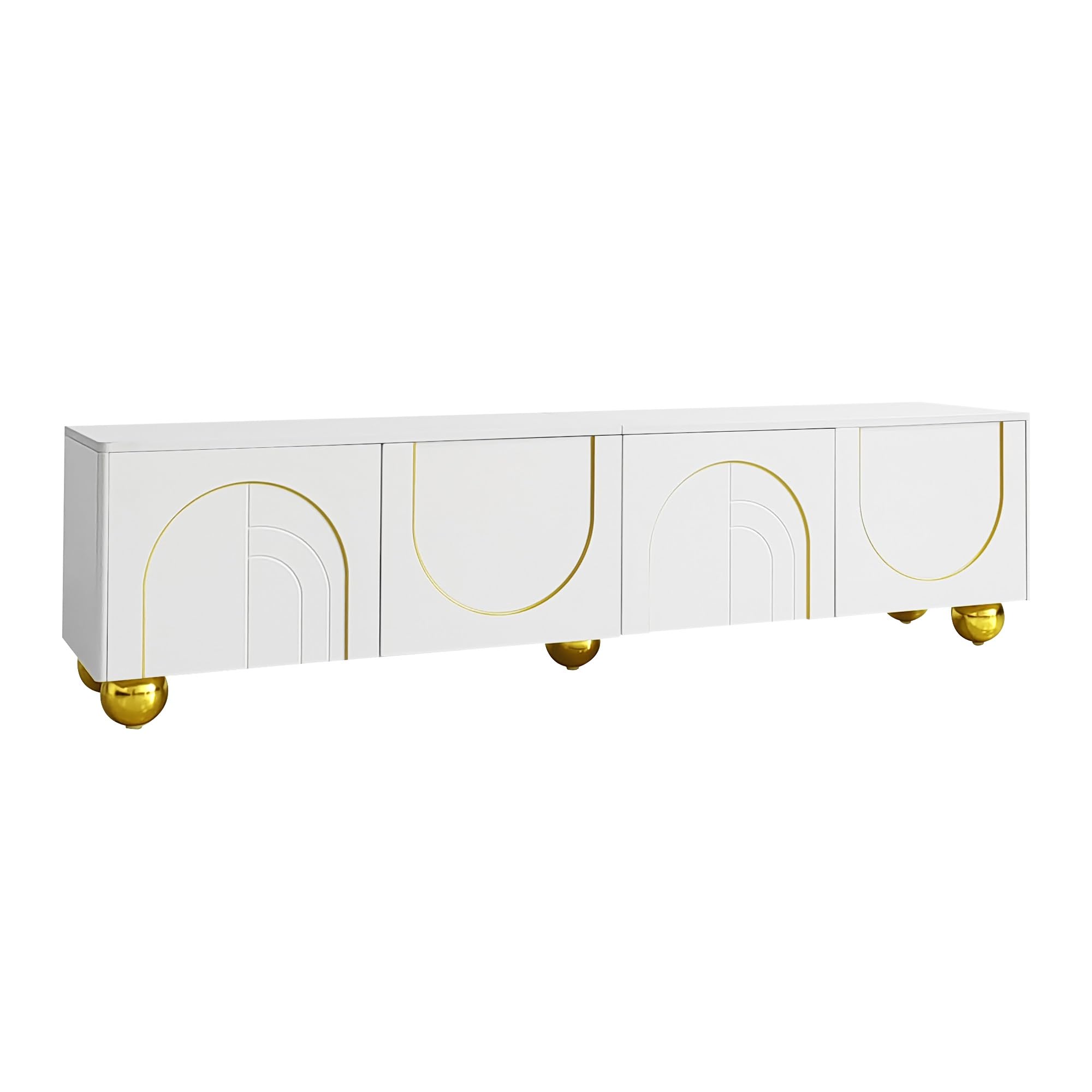 Mobile TV lowboard con ante strutturate, decorazioni dorate, gambe rotonde dorate, ripiani inclusi, push-to-open (bianco e oro, 170 x 38 x 44 cm)