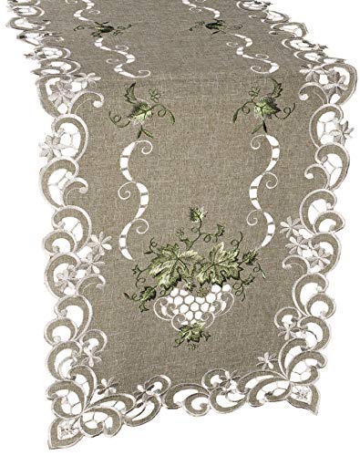 Linens, Art and Things Embroidered Green Leaf on Antique Green Fabric 16 x