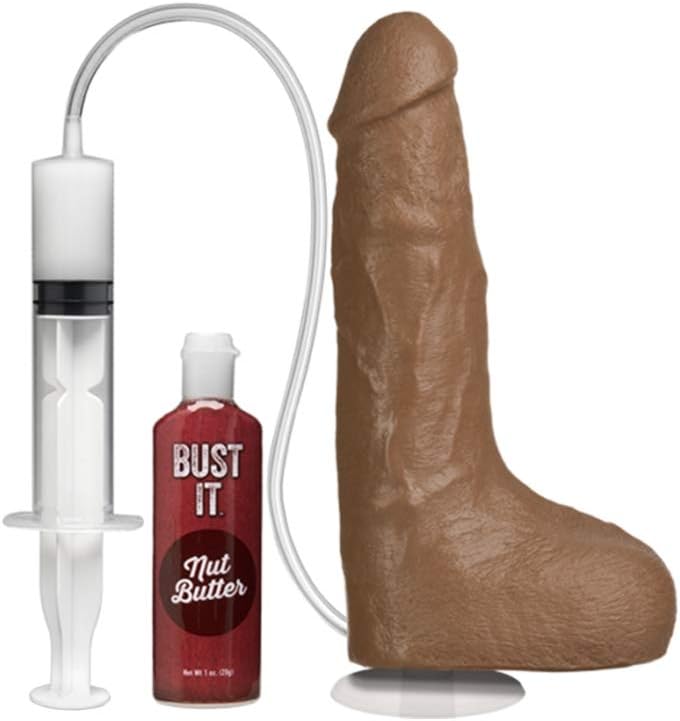 Doc Johnson Bust It - Squirting Realistic Penis with Removable Vac-U-Lock Suction Cup Base and 1 oz. Bottle of Nut Butter - Harness Compatible - Storage Bag Included - Futanari Fantasy - Caramel
