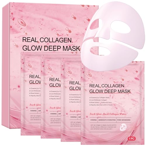 4 Pezzi Maschera Collagene Viso - Maschere Viso Coreane Skincare, Maschere per il Viso Idratante al Collagene Face Mask per Donna, Minimizzante dei Pori, Antietà e Ringiovanente