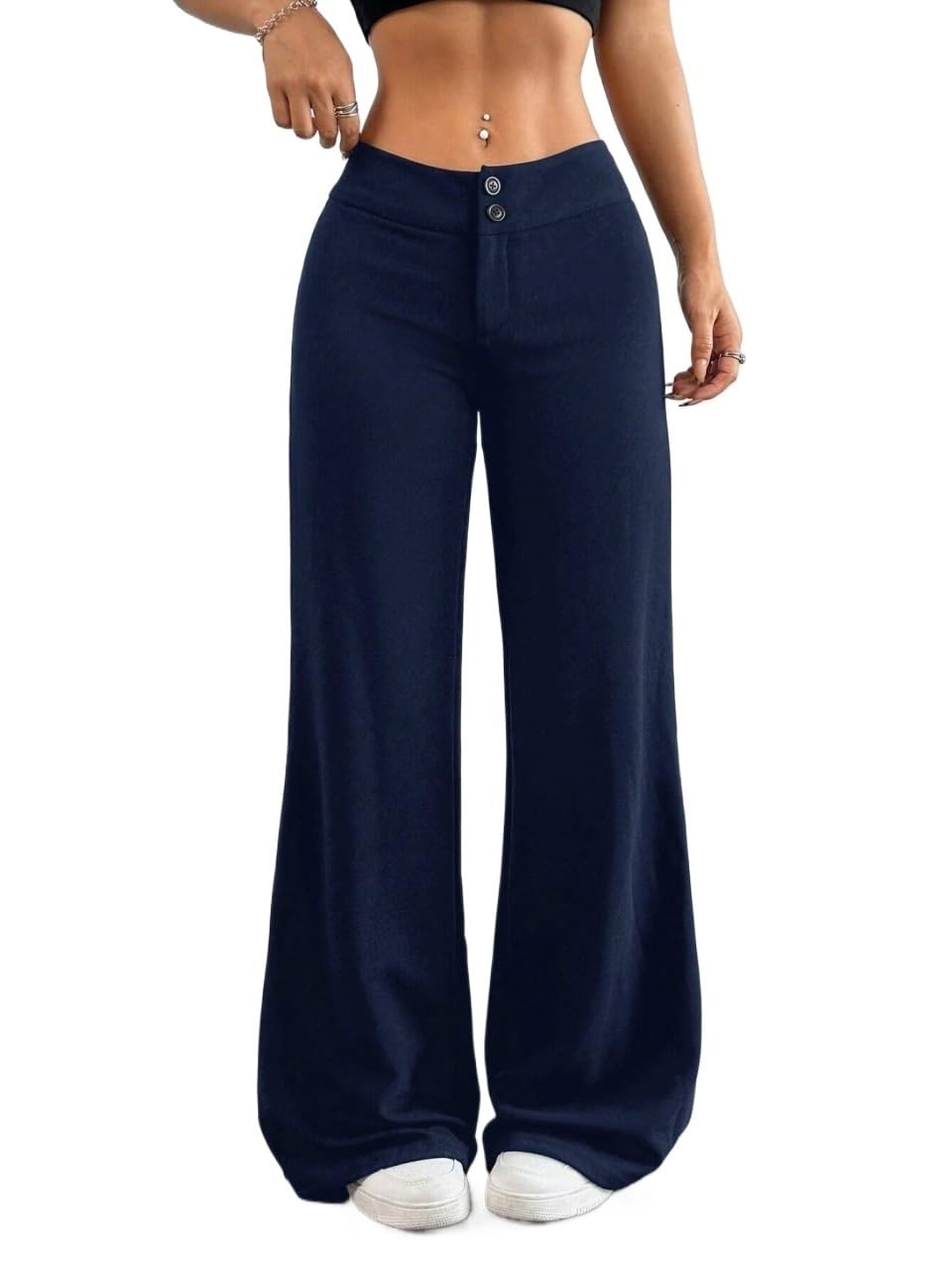 Womens Fall Solid High Rise Straight Leg Pants Trousers Blue