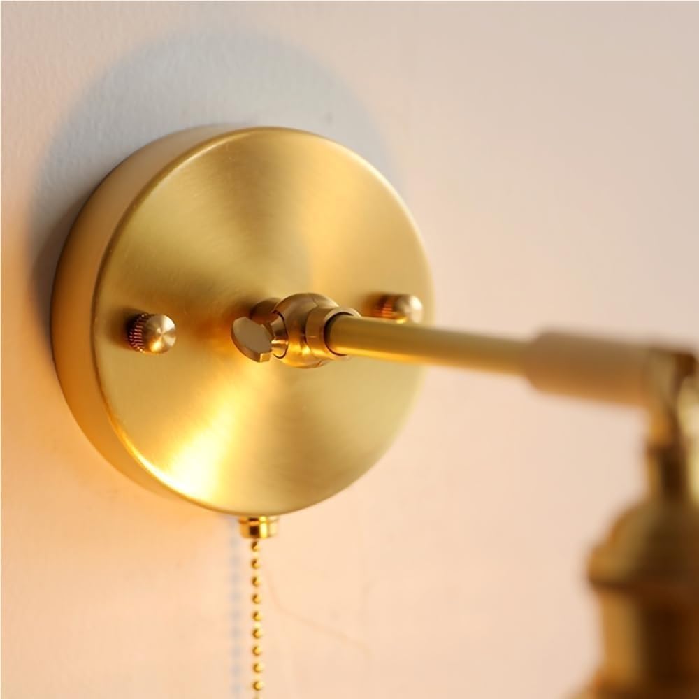 Applique da Parete in Ottone Anticato Vintage con Vetro Rigato, Interruttore a Catena cablato, Braccio Regolabile, Lampada da Parete per Isola Cucina, Camera da Letto, Soggiorno, Sala da Pranzo,