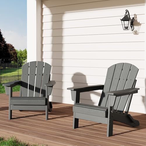 GarveeLife Folding Adirondack Chairs Set of 2, HDPE Plastic Outdoor Chairs with Wood Texture - 380 LBS & Weather Resistant for Fire Pit, Deck, Patio, Pool, Backyard - Gray Grey Chair x 2