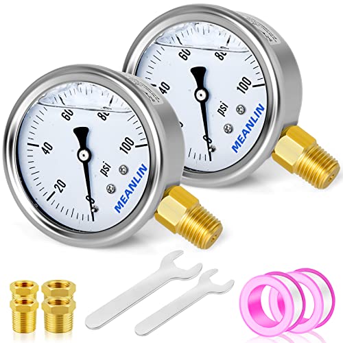 Image of MEANLIN MEASURE 2pcs 0~100Psi Stainless Steel 1 /4 inch NPT 2.5 inch Single Scale FACE DIAL,Glycerin Filled Pressure Gauge, Lower Mount with 1 /2 inch NPT and 3 /8 inch NPT Hex Bushing