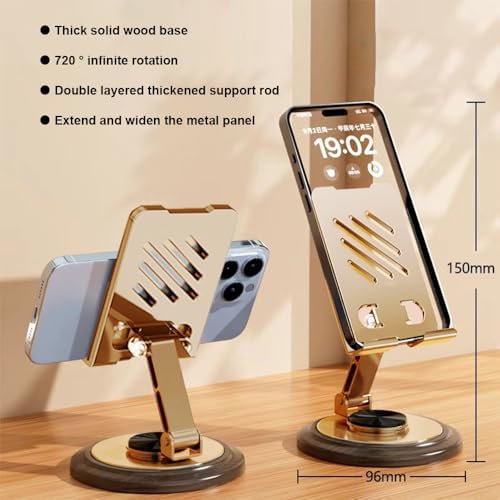 Dual Folding Phone Desk Stand, Adjustable Cell Phone Stand Accessories, 360°Rotating Phone Holder for Desk, with Wooden Disc Base, for iPhone 17 16 15 Pro Max and All Smart Phones,Gold/Black (Random) - 2