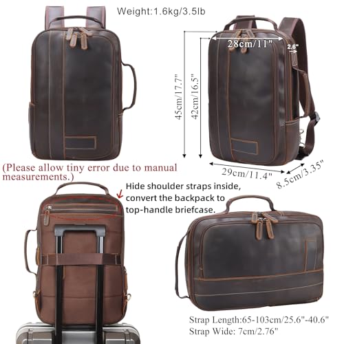 Masa Kawa Leather 15.6" Laptop Backpack for Men Convertible Briefcase Backpacks Expandable Vintage Business Work Travel Rucksack Daypack, Brown4