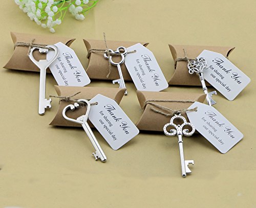 50Pcs Wedding Favors Candy Box W/ Antique Skeleton Key Bottle Openers Escort Card Thank You Tag Pillow Box (Key Style - Mixed Silver) #TOP11