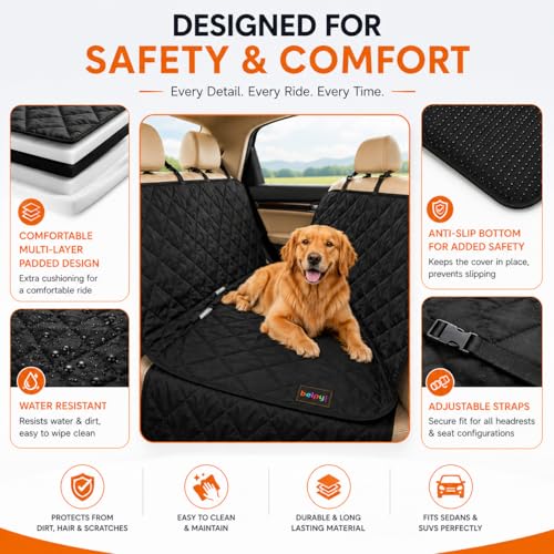 Image of Waterproof Dog Car Seat Cover for Back Seat - Non-Slip Travel Hammock with Headrest Straps & Anchors, Scratchproof Polyester Protector for Dogs & Cats, Fits SUVs & Sedans- 56.5x60 in - Black