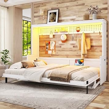 Bellemave Queen Size Murphy Bed with Desk & USB Charging Station, Wooden Murphy Cabinet Wall Bed with Storage Pegboard & LED Lights for Guest Room/Home Office/Studio Apartment White/Queen