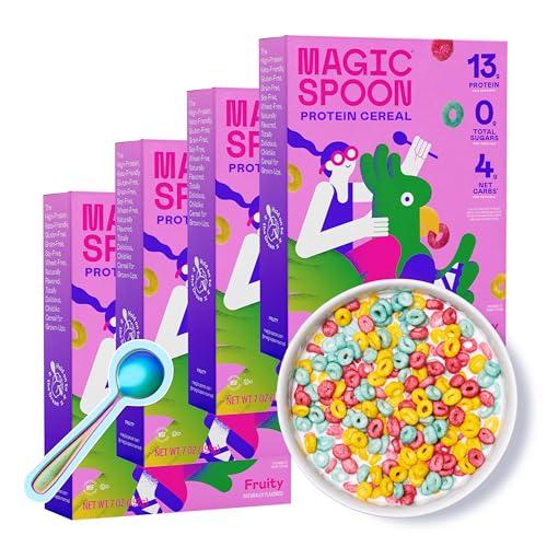 Magic Spoon Cereal - High Protein Cereals - Sugar Free Snacks & Breakfast Food - Grain & Gluten Free Cereal - Healthy Snacks for Kids & Adults - Low Carb & Keto Friendly - 4 Pack, Fruity