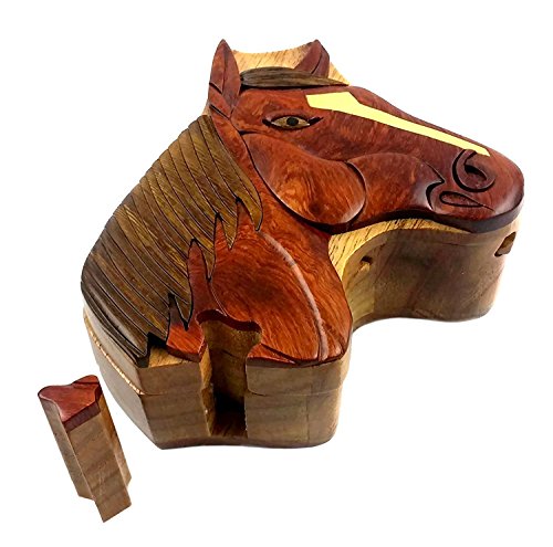 Oberstuff NO MODEL Mane Stay Horse Head All Natural Exotic Woods Puzzle Box, 4.75 X 4.5 X 2 With Sliding Wooden Key Lock, Sliding Cover And Inner Lid To Hidden Compartment. Hand-Made Wood Onlay Design thumb #5