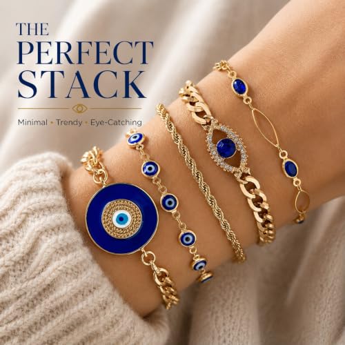 Image of Gold Plated Evil Eye Bracelet Set for Women and Girls, Adjustable Blue Nazar Protection Stackable Chain Bracelet Combo, Crystal Fashion Jewellery, Set of 5