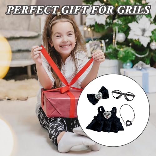 6.7in/17cm Doll Clothes Set(NO Doll), 4 Pcs Outfit Set Includes Premium Fashion Dresses & Bow Hairpin & Glasses & Cute Rabbit Charm, Luxury Chic Doll Clothing Accessories (Black-4PCS)