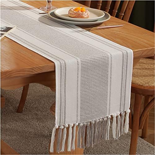Caflife Boho Table Runner Natural Stripe for Modern Farmhouse Coffee Table Decor, Rustic Woven Runner with Handcrafted Tassels for Home Dining Table décor 13 x 72 Inch Long, Beige and Lvory