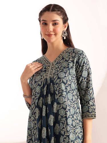 Image of Vbuyz Cotton Floral Printed A-Line Mirror Work Kurta for Women