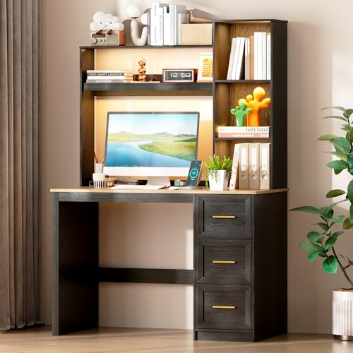 LVSOMT 40” Home Office Desk with Hutch and Drawers, Computer Desk with Power Outlets and LED Light, Study Writing Gaming Table with Storage Shelves, Workstation for Bedroom, Black