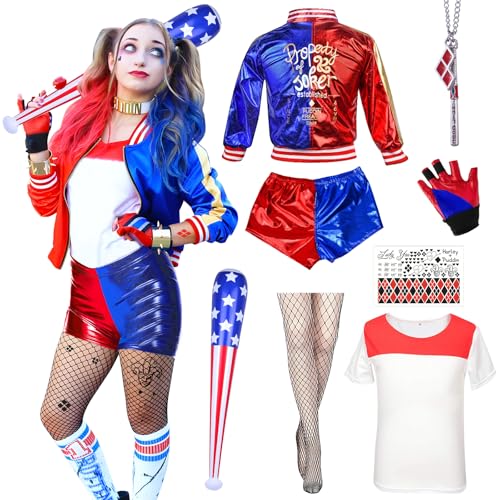BITOYO Quinn Kostüme Erwachsene, Quinn Cosplay Kostüme mit T-Shirt Jacke Shorts Baseballschläger Netzstrümpfe und Tatto Quinn kostüm Damen für...