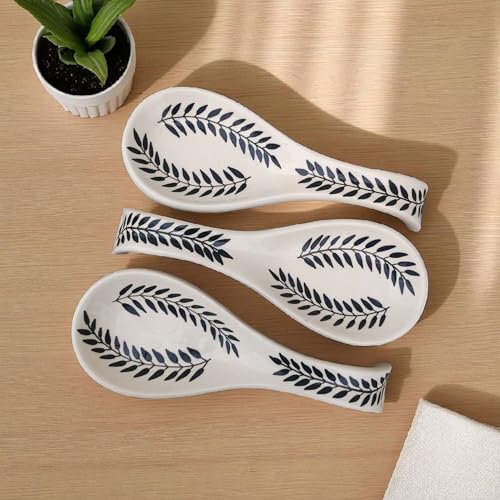 Image of Malaikah Ceramic Spoon Rest Black 2 Leaf Pack of 3 for Home, Kitchen, Dining, Kitchen Decor & Gifting