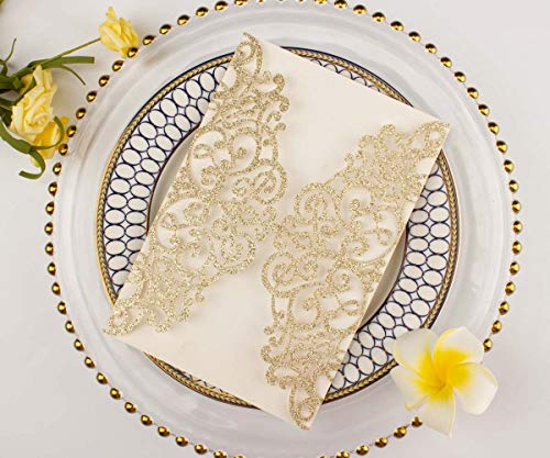 50pcs 5x7 Wedding Invitations Cards Laser Cut Pocket only, No Envelope,No Insert for Wedding Bridal Shower Engagement Birthday Invite (Champagne Gold Glitter)