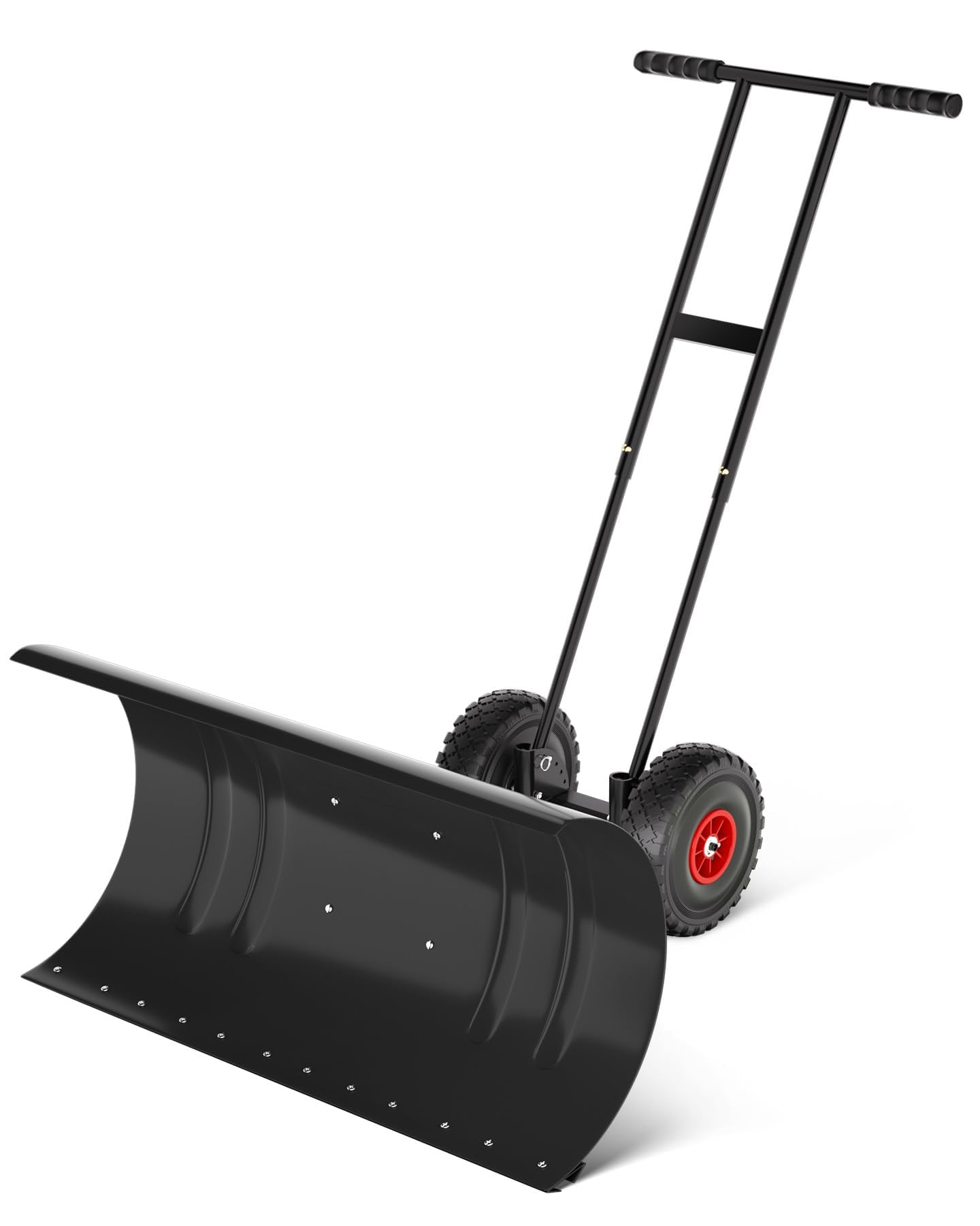 Heavy Duty Rolling Snow Pusher with 10" Wheels, Adjustable Metal Snow Shovel with Angled Blade, Wheeled Snow Plough for Driveway Pavement Garden