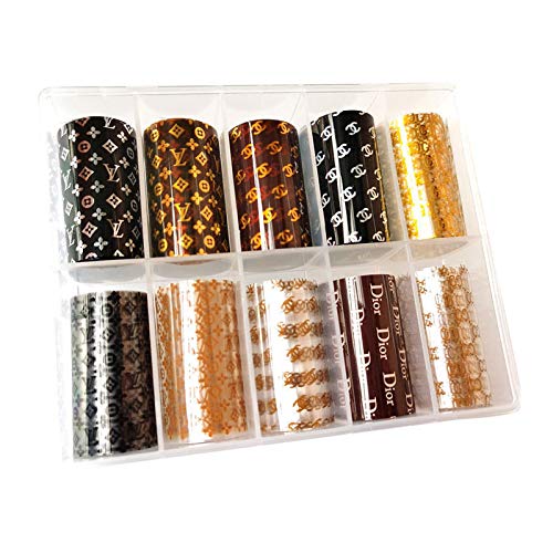 Nail Art Foil Transfer Stickers,3D Logo Decals & Luxury Design Nail Foil Adhesive Decals for Women and Girls Nail Art DIY (10 Rolls)