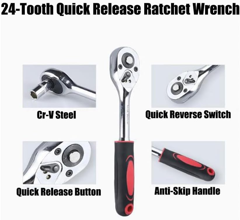 12Pcs 1/4" Ratchet Socket Wrench Set, Heavy Duty Chrome Steel Drive Socket Set of 10 4-13mm Socket Quick Release Ratchet Handles and Extensions
