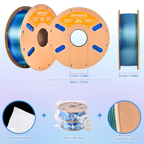 Image of ERYONE Silk Dual Color PLA Filament 3D Printer 1.75mm + /- 0.03mm, Bicolor Filament Two Tone PLA Bundle 2KG Cardboard Spool, Blue Green