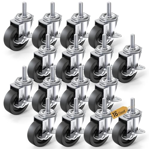 Image of HOLKIE Caster Wheels 3 inch Locking Casters Set of 16, Threaded Stem 3 /8 inch -16 x 1-1 /2 inch (Diameter 3 /8 inch, Length 1-1 /2 inch) Swivel Heavy Duty Castors Black