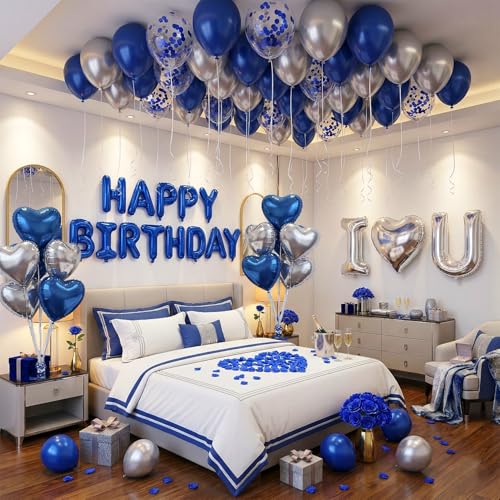 Romantic Birthday Decorations for Him I LOVE YOU & HAPPY BIRTHDAY Foil Balloons & Rose Petals Blue Silver Special Night Decorations Husband Anniversary Surprise Bedroom Men Boyfriend Hotel Decor