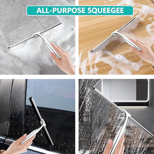 Image of Shower Squeegee for Glass Doors,10 Inch Stainless Steel Squeegee for Shower Glass with Storage Hook, Shower Squeegee for Tile Shower Walls, Window Mirror Squeegee and Car Glass(Sliver)