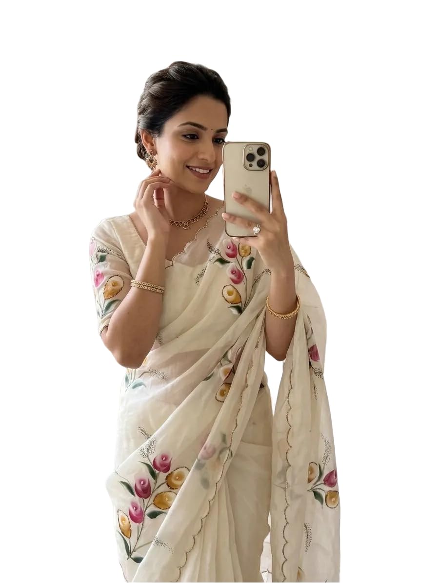 Womens Designer Saree with Floral Hand Print Brush Print Cutdana Handwork and Silk Blouse Traditional Ethnic Wear-image-44
