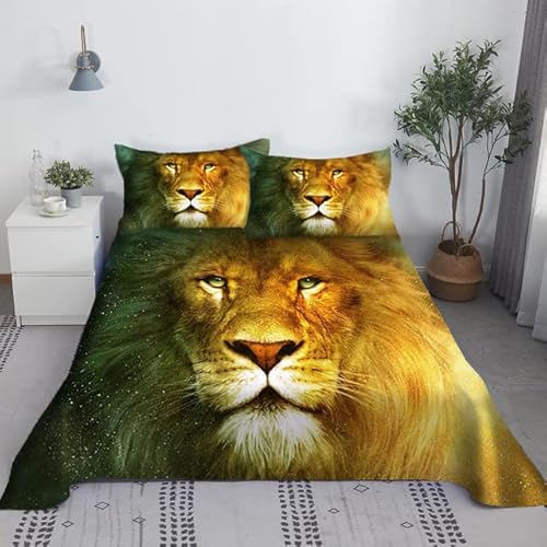 Lion Bettlaken-Set 3D-gedrucktes Tierbett-Flachbettlaken mit Kissenbezug für Kinder Erwachsene King Queen Full Twin Size Cover