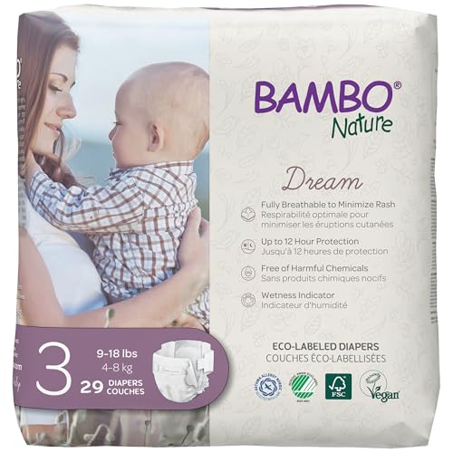 Bambo Nature Hypoallergenic Dream Baby Diapers, Premium Eco-Labeled Sustainable Diapers, Enhanced Leakage Protection, Totally Chlorine-Free, Skin Friendly, and Super Absorbent - Size 3 (58 Count)