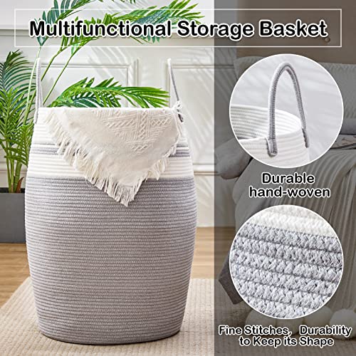 Oiahomy Laundry Hamper Woven Cotton Rope Large Clothes Hamper 25.6" Height Modern Curver Basket With Extended Cotton Handles For Storage Clothes Toys In Bedroom, Bathroom, Foldable #TOP3