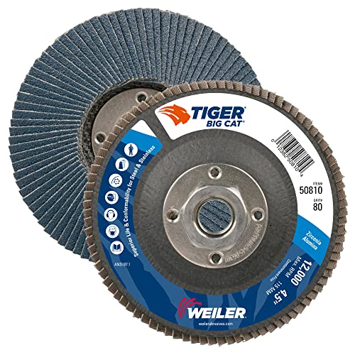 Image of Weiler 50810 Big Cat High Density Abrasive Flap Disc, Type 27, Threaded Hole, Phenolic Backing, Zirconia Alumina, 4-1 /2 inch Dia., 80 Grit