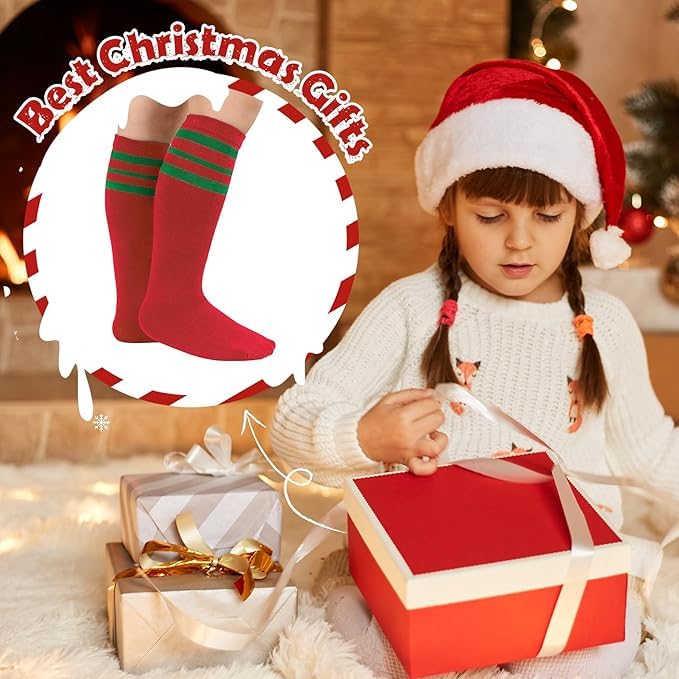 Image of Zando Kids Child Cotton Three Stripes Sport Soccer Team Socks Uniform Tube Cute Knee High Stocking for Boys Girls, K Red White Striped, One Size